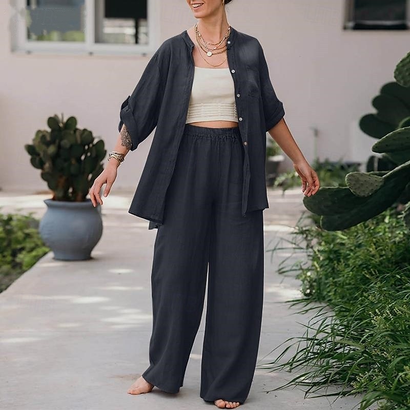 Dam Mode Streetwear Skjorta Linneinspirerade set Tvådelade set Linne Byxor Byxor Långärmad Hög krage Ensfärgat Dagliga kläder Datum Marinblå Orange Vår Normal 2025 - $28.99 –P11