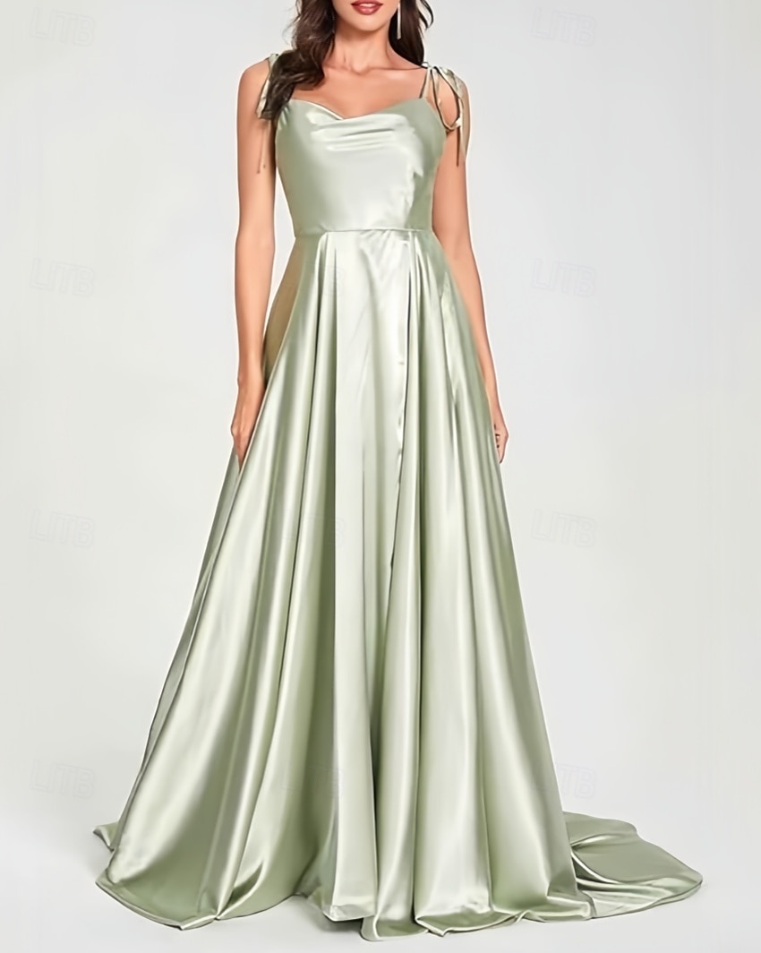 vestido de dama de honra linha A, alças finas, sem mangas, elegante, cauda curta, charmeuse, com frente aberta / franzido 2025 de 2025 por $154.99 –P3