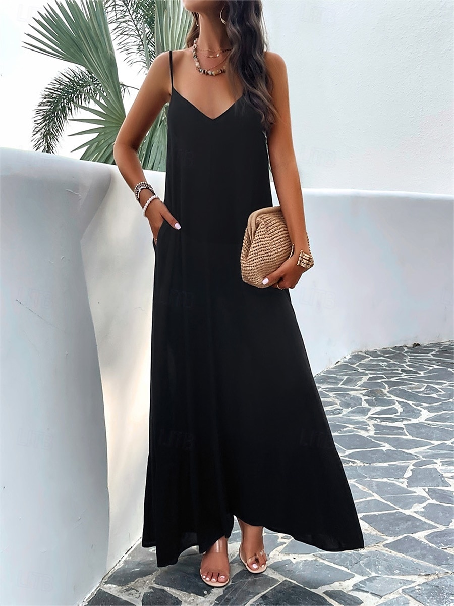 Damen Maxi Kleid Strandkleid Slip Kleid Urlaub Strandurlaub Unifarben Lässig Täglich Lockere Passform Grafik Ärmellos Träger Schwarz Rot Himmelblau Grün Sommer 2025 - $41.99 –P7