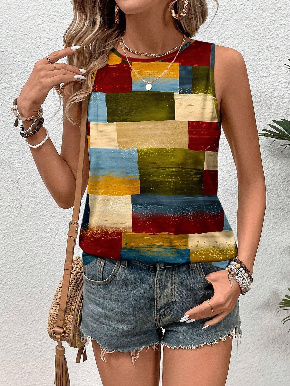 Damers Spaghetti Tank Top Geometrisk Stilren Avslappnad Ärmlös Crew Neck Regelbundna Toppar Daglig Tryck Gul Sommar 2025 - $17.99 –P2
