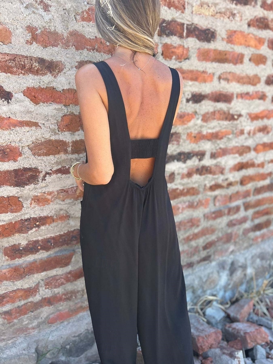 Mujer Normal Mono Activo Color sólido Sin Mangas Escote en U Botones Bolsillo Vacaciones Diario Ajuste regular Negro Blanco Azul Piscina Verano 2025 - $32.99 –P17