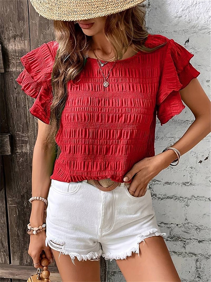 Women's Blouse Solid Color Elegant Daily Stylish Short Sleeve Crew Neck Regular Tops Daily Holiday Going out Ruffle Patchwork Sage Green Red Navy Blue Purple Green Summer Spring 2025 - $22.99 –P6