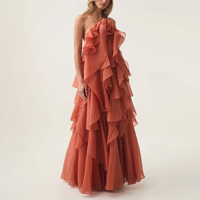 Robe de Soirée A-Line Élégante Robe de Soirée Formelle Longueur de Sol Sans Manches Col Halter Organza avec Fleurs et Volants de 2025 ? $128.99 –P1