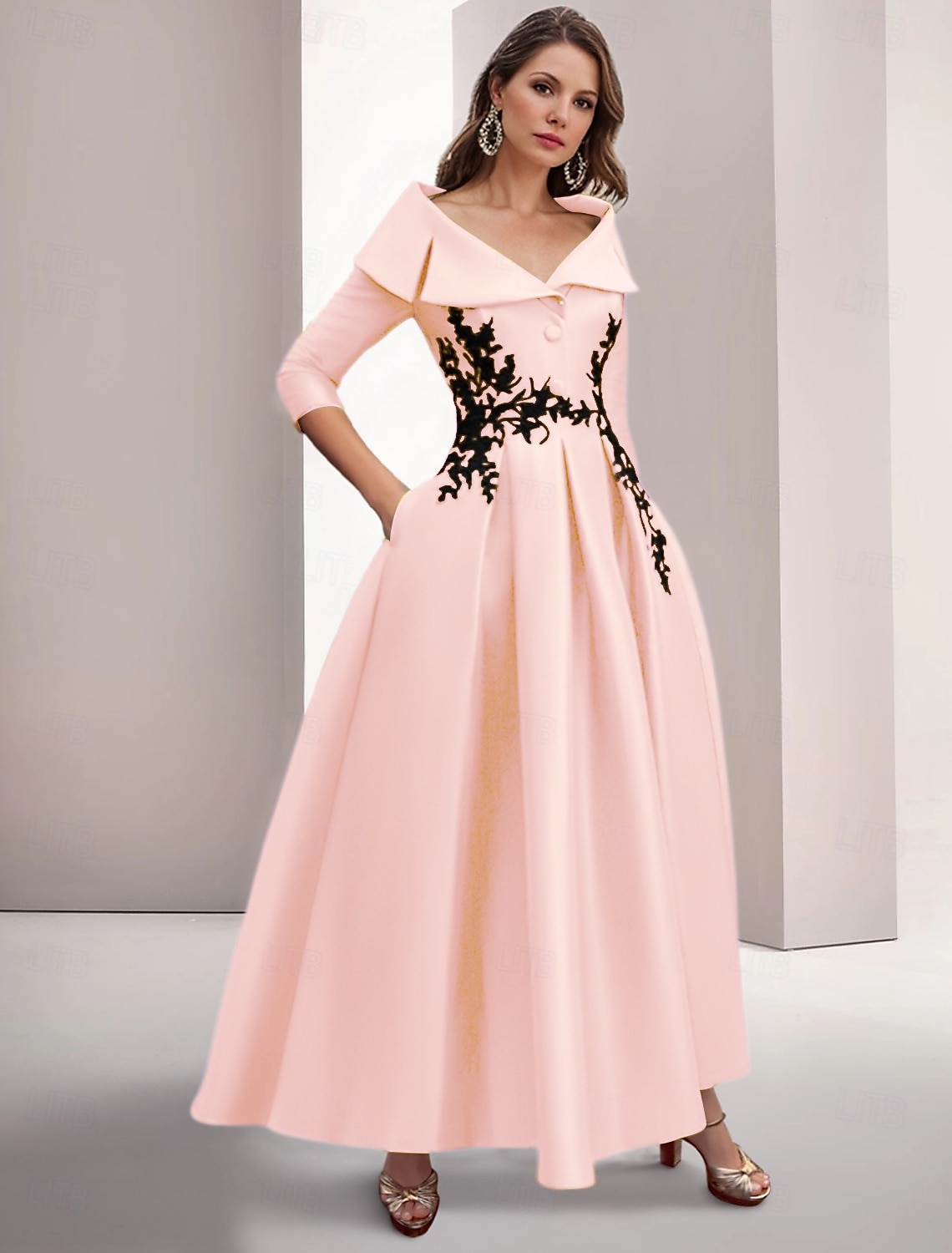 Green Black A-Line Evening Gown Elegant Embroidered Vintage Dress Formal Floor Length 3/4 Length Sleeve Shirt Collar Satin with Appliques 2025 - $189.99 –P4
