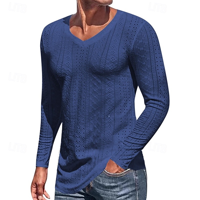 Herren T Shirt T-Shirt Langarmshirt Langarm V Ausschnitt Frühling Herbst Einfach Mode Designer Basic Jacquard Urlaub Straße Ausgehen Schwarz Weiß Blau Top T-Shirt für Herren 2025 - $19.99 –P10