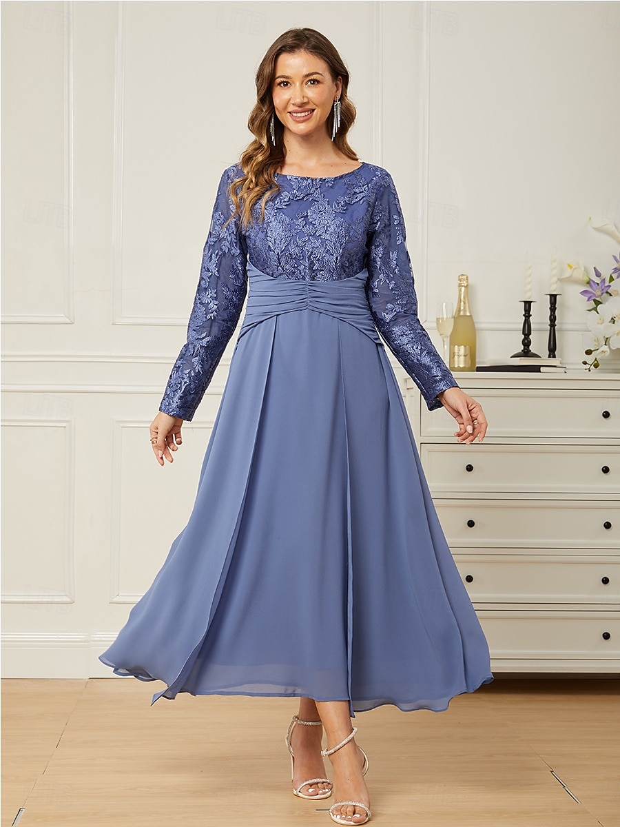 Dame Normal Maxikjole Blonde kjole Chiffonkjoler Elegant Stilfull Fest Bryllupsgjest Stevnemøte Normal Helfarge Langermet Crew-hals Blå Sommer 2025 - $72.99 –P5