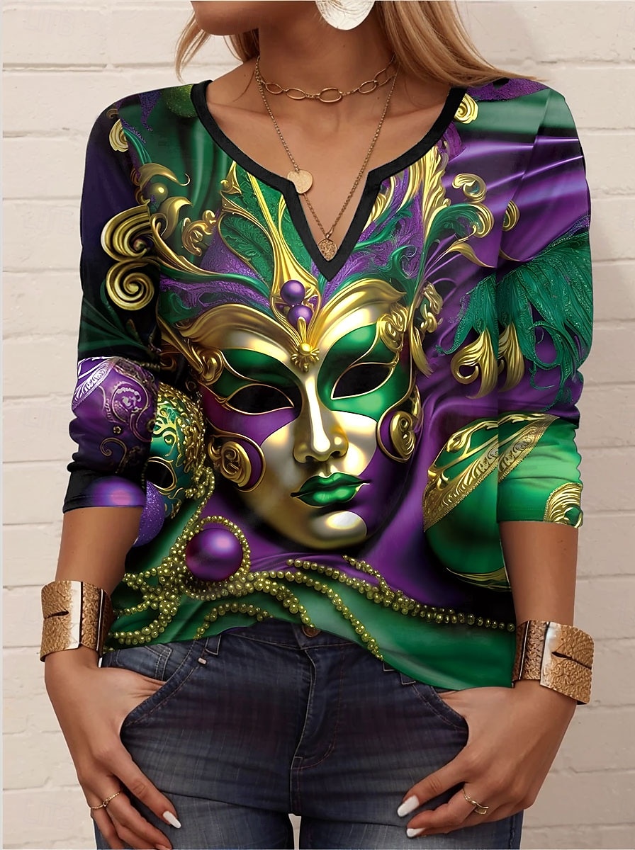Carnaval Femme T shirt Graphic Décontractées manche longue Col cranté Hauts réguliers du quotidien Imprimer Vert Eté Printemps Automne de 2025 ? $24.99 –P1