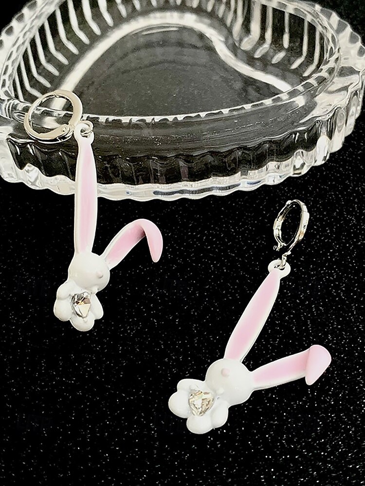 brincos de coelho 3d de páscoa femininos - design fofo de coelho com orelhas rosa e detalhes em diamante, argola de prata esterlina, joias divertidas e lúdicas para páscoa, uso casual e eventos de primavera de 2025 por $7.99 –P4