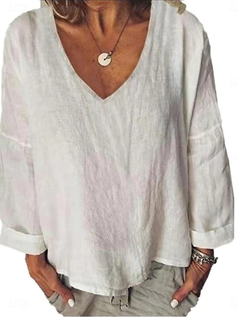 Women's Shirt Blouse Cotton Linen Shirts Solid Color Basic Casual Long Sleeve V Neck Regular Tops Daily White Yellow Summer Spring 2025 - $21.99 –P1