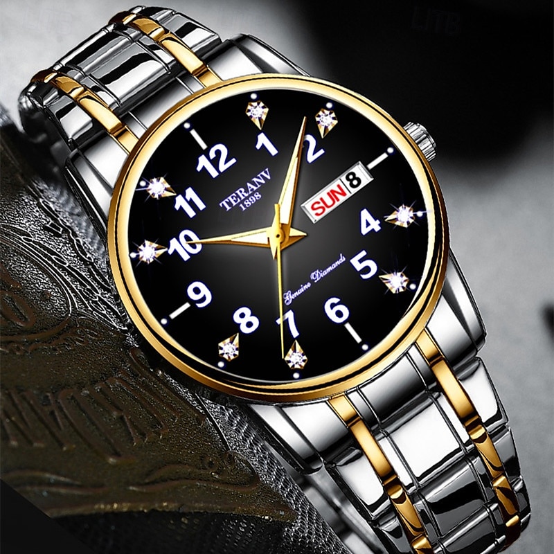Relógio digital masculino de negócios, mostrador redondo com strass, à prova d'água, luminoso, com pulseira de liga, multifuncional, fashion, relógio de quartzo para homens, presentes de lazer e de 2025 por $23.99 –P8