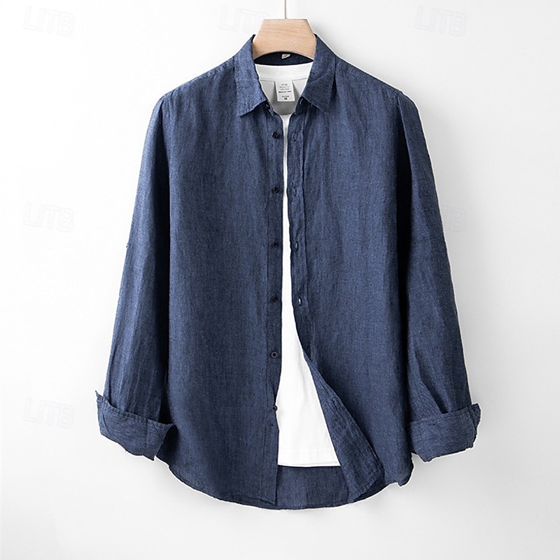 Herr Skjorta Linneskjorta Casual skjorta Knapp upp skjorta Slät Semester Hawaiisk Vit Marinblå Långärmad Kavajslag Vår Höst Kläder Button-Down 2025 - $80.99 –P6