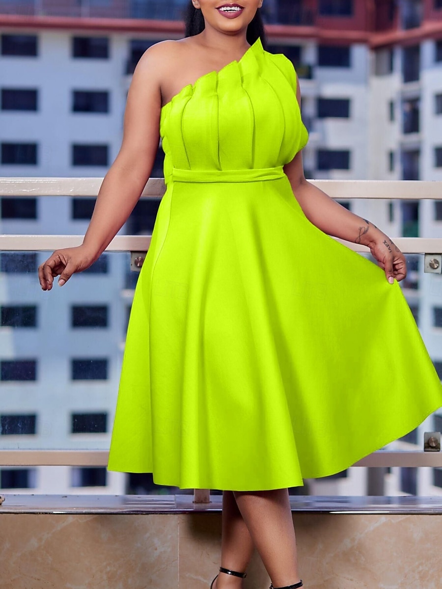 Kentucky Derby Damen Midi Kleid A-Linie Kleid Fit And Flare Kleid Elegant Formal Party Hochzeitsgast Verlobung Reguläre Passform Grafisch Ärmellos Eine Schulter Weiß Pink Rot Fuchsia 2025 - $44.99 –P16