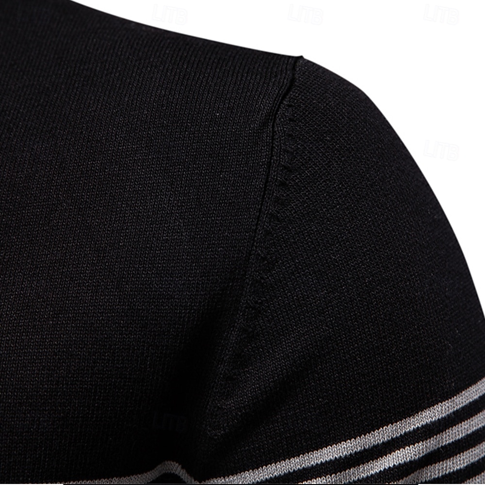 Men's Polo Knit Polo Sweater Formal Work Turndown Quarter Zip Short Sleeve Striped Zip Up Stripe-Trim Spring Black White Khaki Polo 2025 - $28.99 –P23
