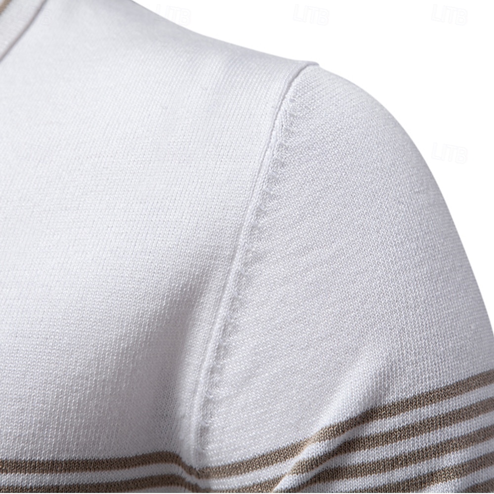 Men's Polo Knit Polo Sweater Formal Work Turndown Quarter Zip Short Sleeve Striped Zip Up Stripe-Trim Spring Black White Khaki Polo 2025 - $28.99 –P5