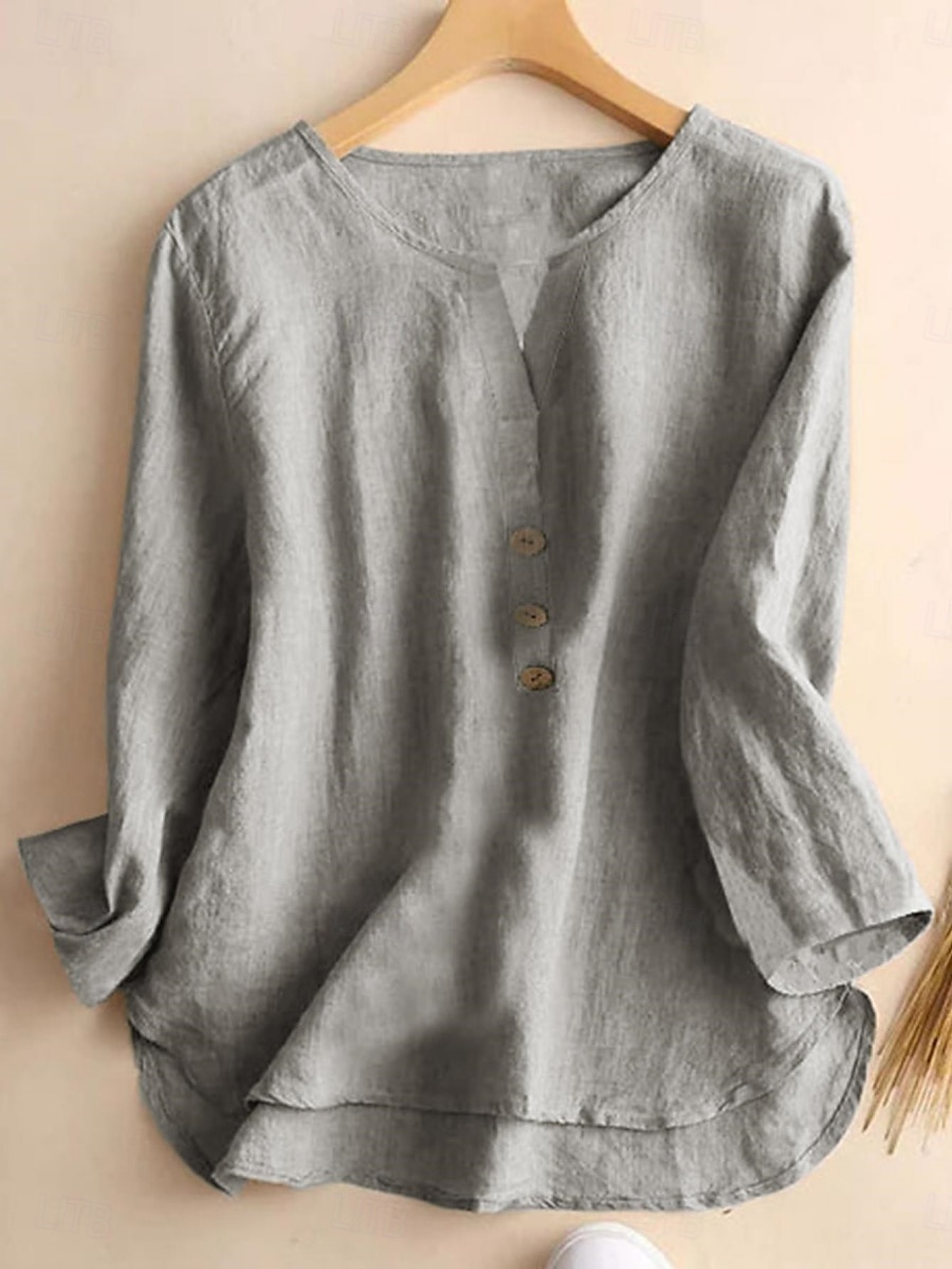 Femme Chemise Chemisier Couleur unie mode Décontractées Manches 3/4 Col Ras du Cou Hauts réguliers du quotidien Boutons Noir Blanche Rose Claire bleu marine Orange Eté Printemps de 2025 ? $29.99 –P10