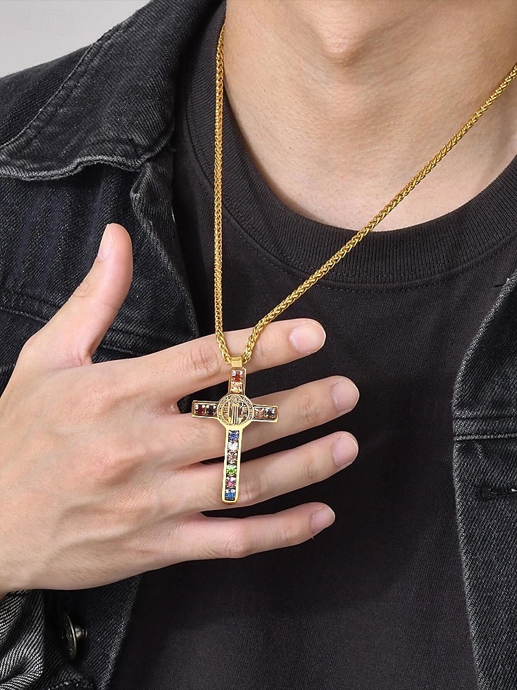 colar masculino de cruz banhado a ouro em aço inoxidável com pedras preciosas multicoloridas – pingente religioso, corrente estilosa para uso diário, presentes para ocasiões religiosas de 2025 por $14.99 –P1