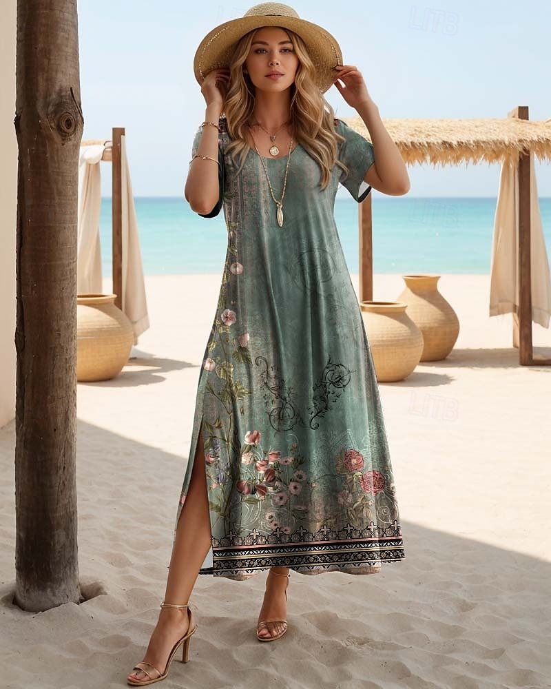 Damen Maxi Kleid Lässig Kleid Lässig Täglich Lockere Passform Geometrisch Kurzarm Rundhals Salbeigrün Sommer 2025 - $27.99 –P1