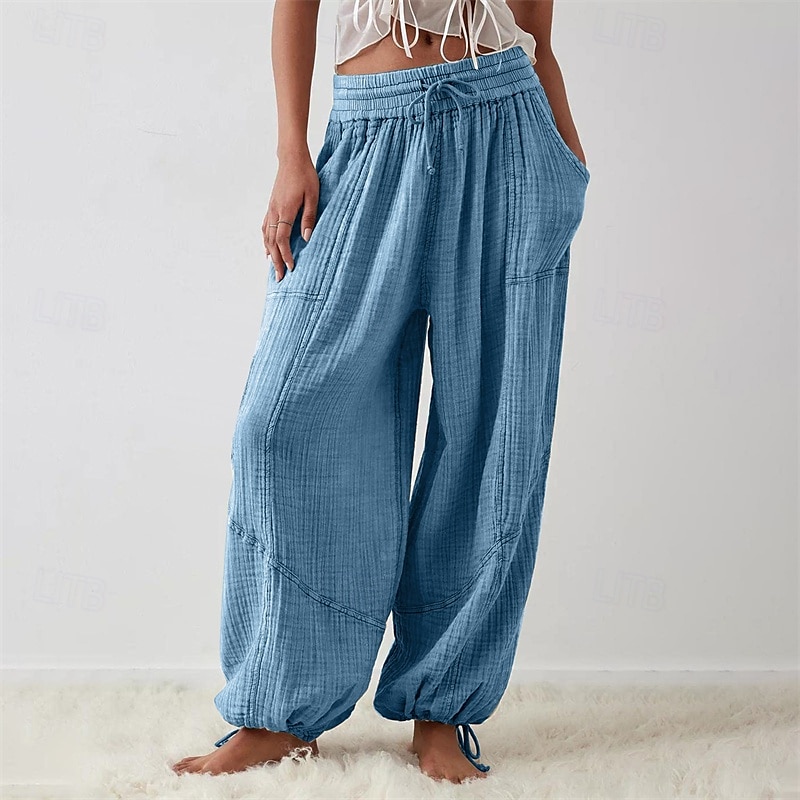 pantaloni din bumbac și pânză pentru femei, îmbrăcăminte stradală la modă, confort, lungime, talie înaltă, șnur simplu, talie elastică, șnur confortabil în aer liber, ținută confortabilă de zi cu zi 2025 - $18.99 –P12