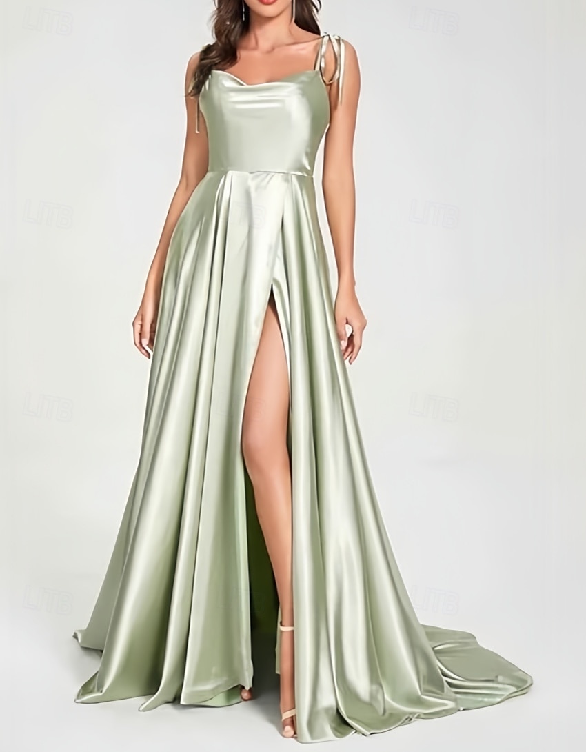 vestido de dama de honra linha A, alças finas, sem mangas, elegante, cauda curta, charmeuse, com frente aberta / franzido 2025 de 2025 por $154.99 –P1