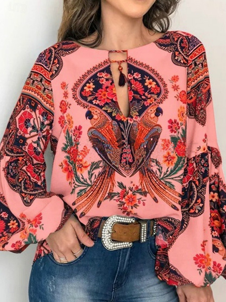 Dame Skjorte Bluse Blomstret Bohem Retro / vintage Fritid Langermet Crew-hals Vanlige topper Daglig Trykt mønster Hvit Rosa Sommer Vår 2025 - $22.99 –P4