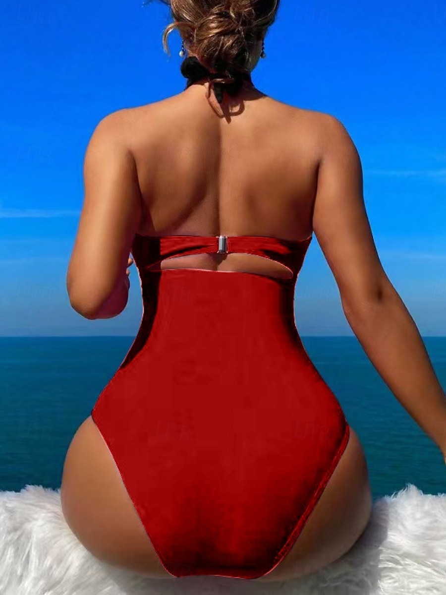 Kvinnors baddräkter en del monokini baddräkter rygglös mage kontroll hög midja smal semester strandkläder enfärgad halterneck ärmlös baddräkt 2025 - $19.99 –P11