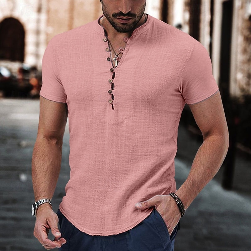 Per uomo Camicia di lino Camicia con colletto alla coreana Camicia popover Camicia Estiva Abbigliamento da spiaggia Camicia casual Semplice Vacanza Casuale Nero Bianco Rosa Vino Manica Corta Scollo a del 2026 a $8.49 –P19