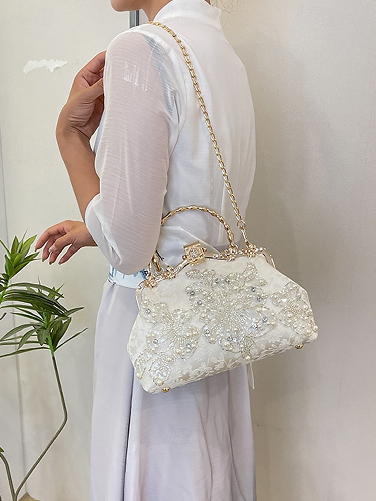 elegantní bílá krajková večerní kabelka s perleťovým a květinovým zdobením – stylový svatební nebo společenský doplněk pro ženy černá bílá 2025 - $34.99 –P3