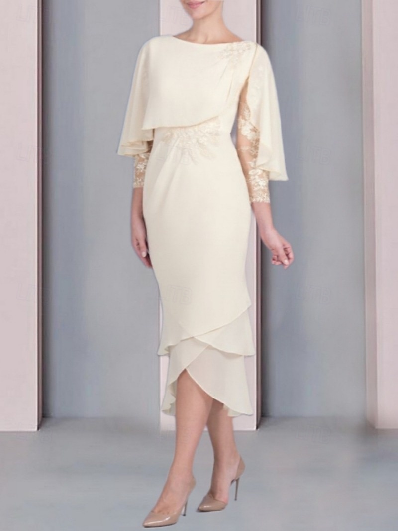 Sheath  søyle mor til bruden kjole elegant petite scoop hals te lengde chiffon 3/4 lengde erme med blonder tier applikasjoner midi kjole 2025 - $161.99 –P3