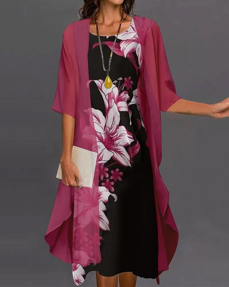 Femme Mode Vêtement de rue Jupe Ensembles Manches 3/4 Cloche Col Ras du Cou Floral Imprimer Usage quotidien Rendez-vous Rouge Bleu Violet Printemps Standard de 2025 ? $34.99 –P2