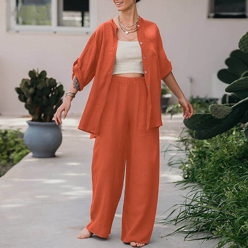Dam Mode Streetwear Skjorta Linneinspirerade set Tvådelade set Linne Byxor Byxor Långärmad Hög krage Ensfärgat Dagliga kläder Datum Marinblå Orange Vår Normal 2025 - $28.99 –P3