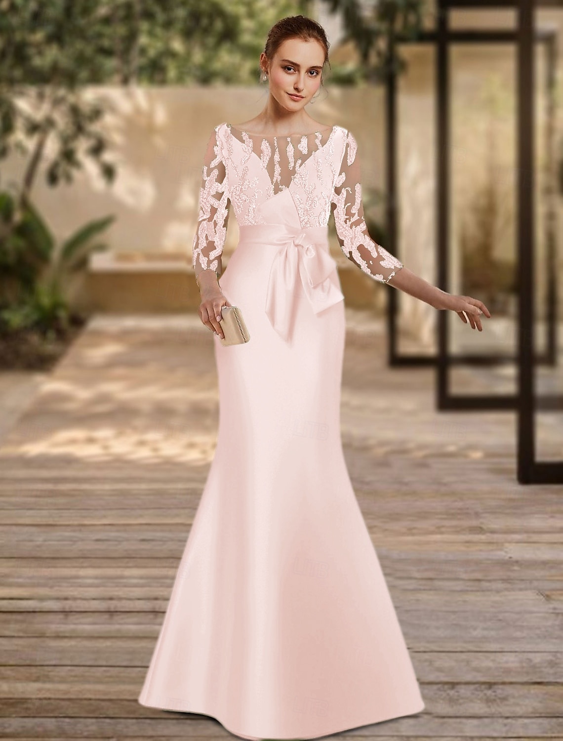 Green Mermaid Evening Gown Elegant Dress Formal Floor Length 3/4 Length Sleeve Illusion Neck Satin with Appliques 2025 - $188.99 –P4