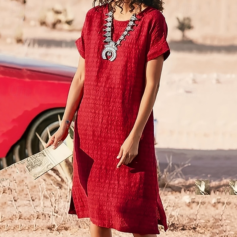 Mulheres Vestido Longo Vestido Maxi Vestidos inspirados em linho Vestido casual Vestido de linho de algodão à moda Casual Férias Diário Encontro Normal Tecido Manga Curta Gola Redonda Preto Vermelho de 2025 por $26.99 –P2
