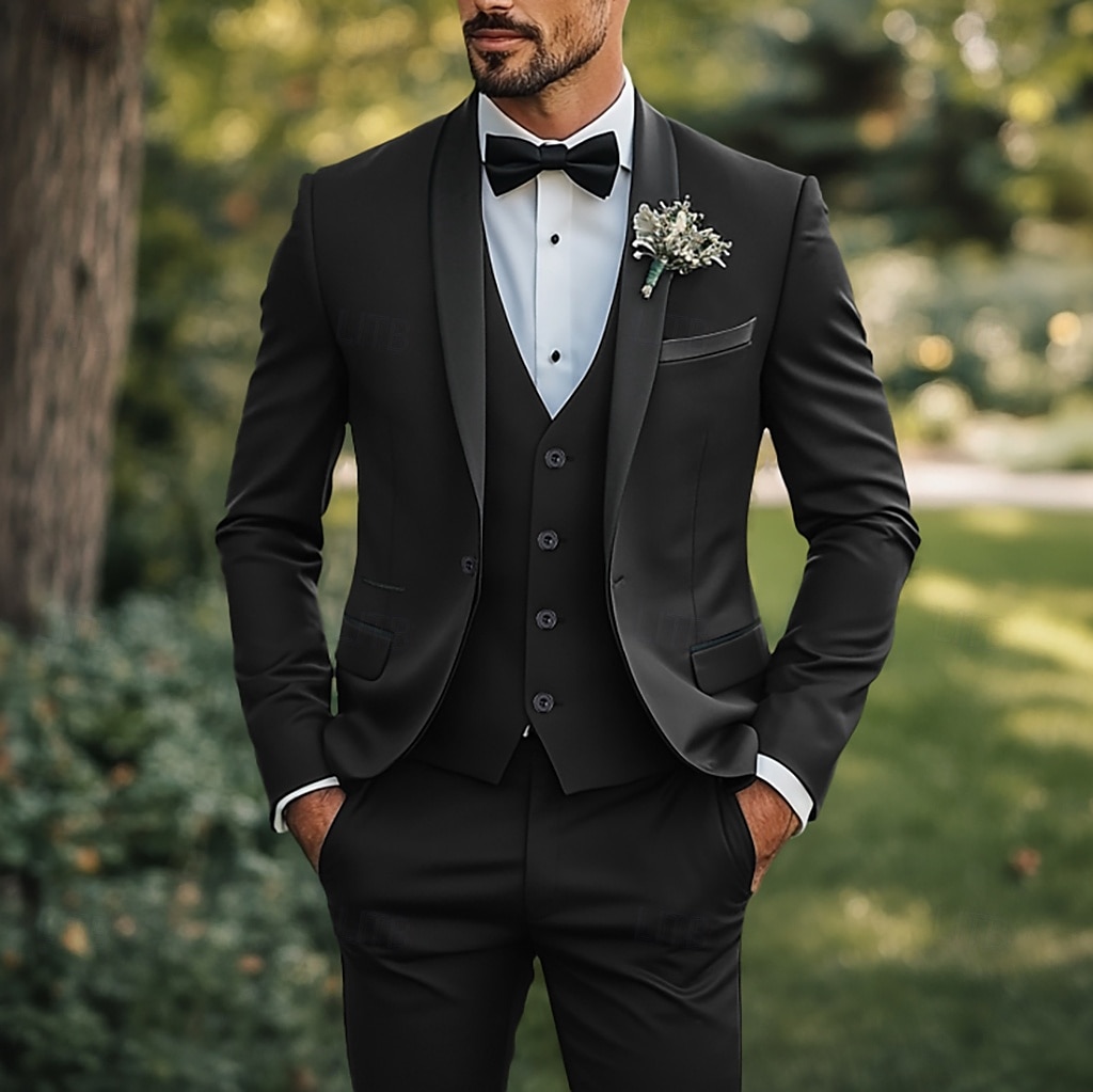 Costumes de mariage Prom pour hommes Noir Rouge Affaires Formelles Été Couleur Unie Ajustement Standard 3 Pièces Simple Boutonnage de 2025 ? $122.99 -P1