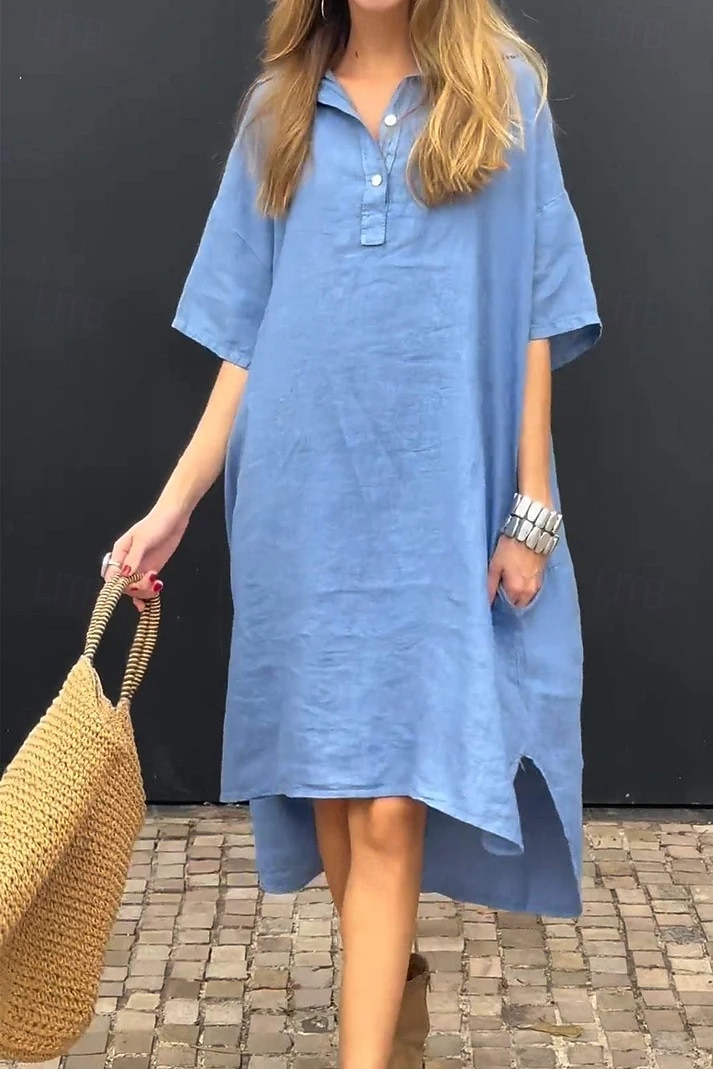 Women's Midi Dress Cotton Linen Dresses Casual Dress Basic Casual Vacation Daily Loose Fit Plain Half Sleeve Shirt Collar Yellow Pink Blue Khaki Summer Spring Fall 2025 - $26.99 –P5