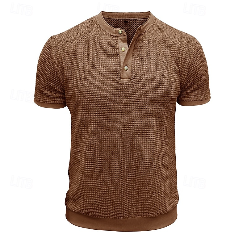 Herre Vaffel Henley-skjorte Henly-skjorte Strikk T-skjorte Kortermet Helfarge عادي Strikketøy Fritid hverdag Knapper Strikket Henley utendørs Avslappet Daglig Sommer Vår & Vinter Svart Hvit Grå 2025 - $20.99 –P8
