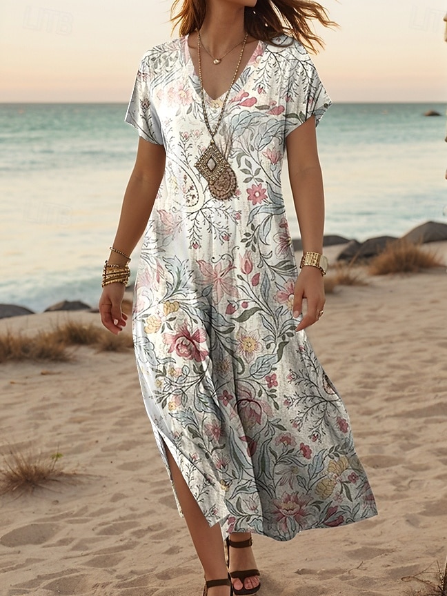 Femmes Robe maxi Robe Décontractée Robe trapèze Élégant Occasionnel Vacances Quotidien Coupe régulière Fleuri Manche Courte Col en V Blanche Printemps Automne de 2025 ? $28.99 –P1