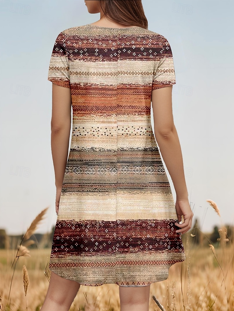 Dame Mini kjole Uformell kjole Årgang Stilfull Fritid Daglig Normal Grafisk Stripe Kortermet Crew-hals Lysebrun Sommer Vår 2025 - $23.99 –P2