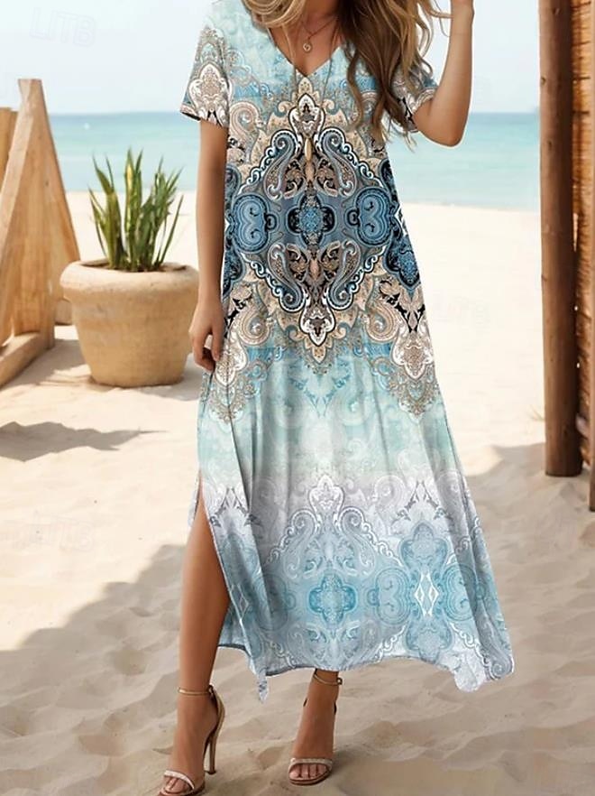 Pentru femei Rochie Maxi Rochie casual Rochie A line Boemia Vacanță Tropical Vacanță Zilnic Fit regulat Boem Manșon scurt În V Albastru piscină Vară Primăvară 2025 - $28.99 –P1