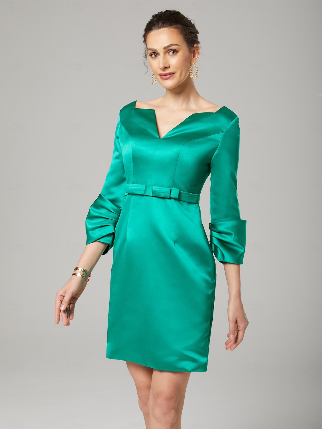 Sheath / Column Cocktail Dresses Elegant Dress Formal Wedding Guest Knee Length 3/4 Length Sleeve V Neck Satin with Bow(s) Dresses 2025 - $137.99 –P4
