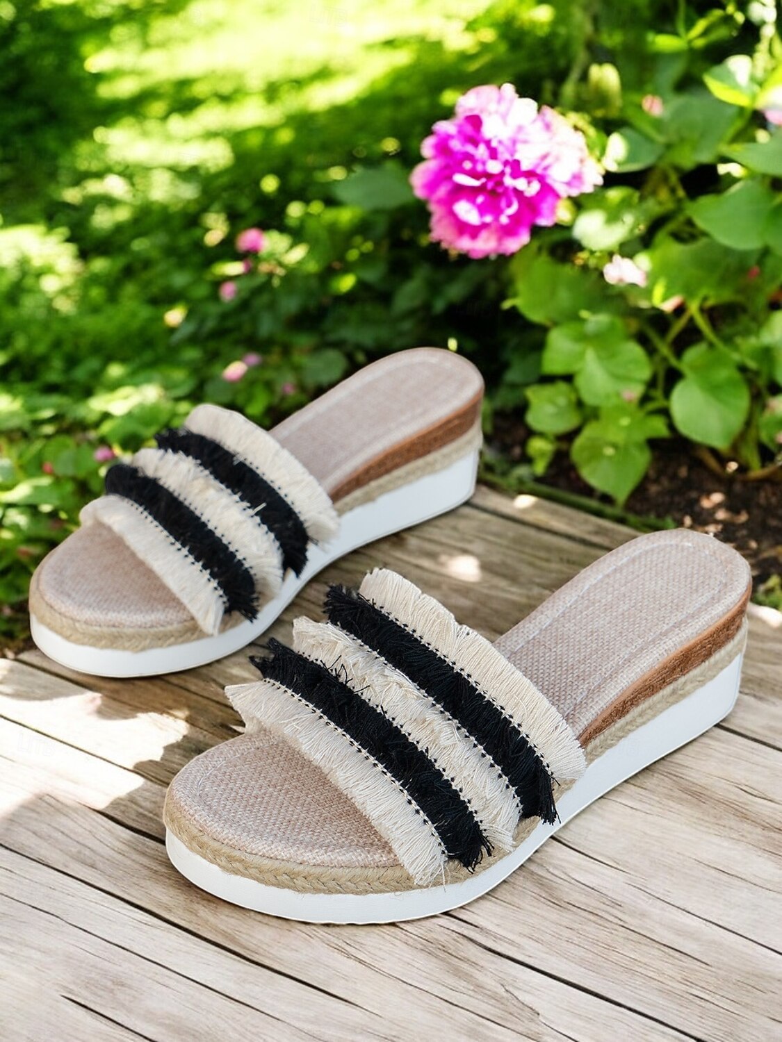 dámské pruhované třásňové espadrilkové sandály na klínku – pohodlné sandály na platformě pro běžné nošení, pláž a dovolenou 2025 - $26.99 –P2