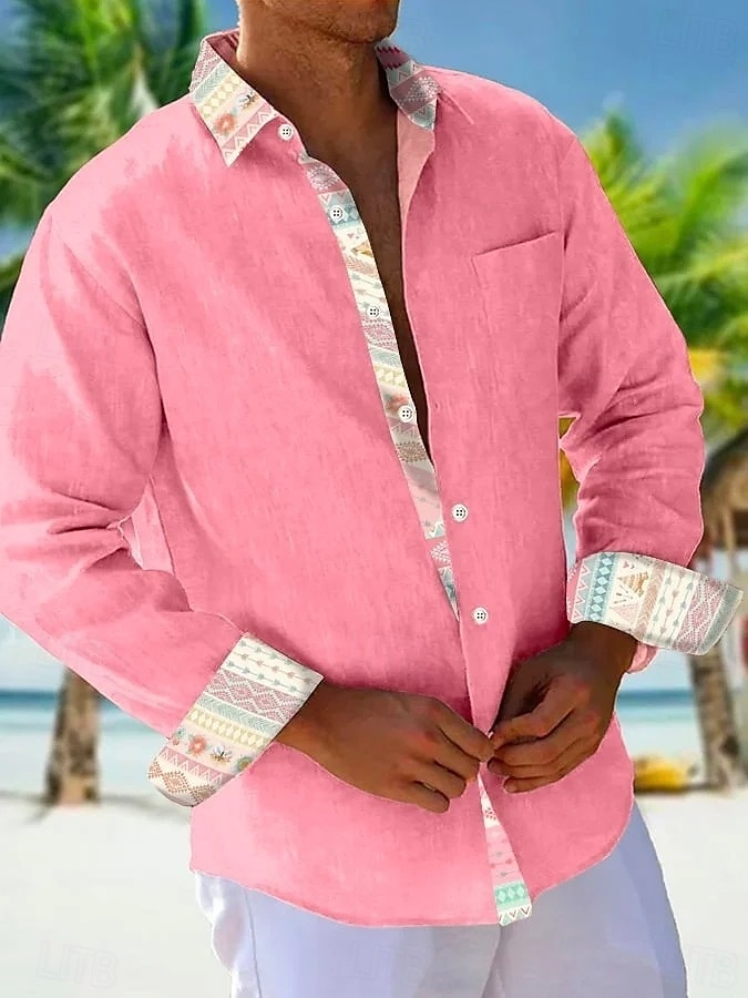 Miesten Paita Kesä paita Rento paita Rantapaita Button Up paita Valkoinen Punastuvan vaaleanpunainen Taivaan sininen Oranssi Pitkähihainen Tavallinen Kuvio Kauluskäänne Loma Havaijilainen Painike alas 2025 - $25.99 –P3