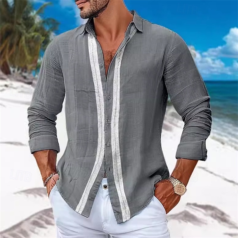 Per uomo Camicia camicia di lino Maglietta informale Camicia con bottoni Camicia di cotone Color Block Da mare Hawaiano Bianco Azzurro cielo Grigio Manica lunga Bavero Primavera Autunno Abbigliamento del 2025 a $24.99 –P3