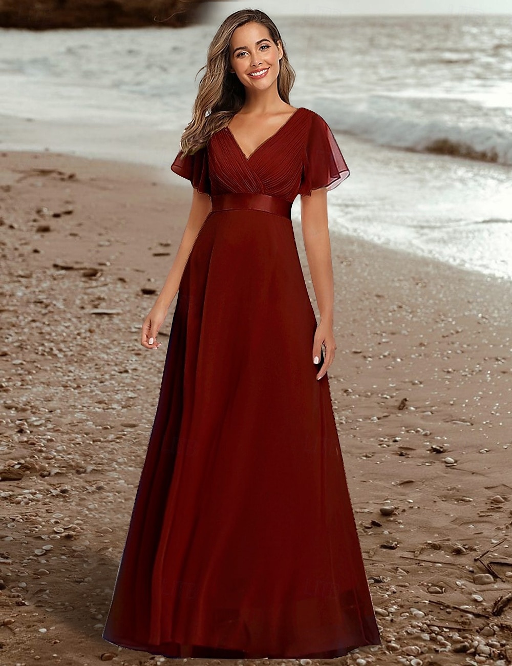 Abiti da Prom A-Line Abito Elegante Ospite di Matrimonio Laurea Lunghezza Piena Maniche Corte Collo a V Abito da Damigella Chiffon con Schiena a V e Rouches del 2025 a $84.99 –P1