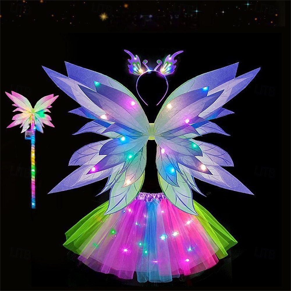karnevalový elegantní svítící pohádkový kostým pro dívky – 4dílná sada oblékání s měkkými duhovými motýlími křídly ideální pro hru na princeznu karnevalové zdobení 2026 - $20.49 –P4