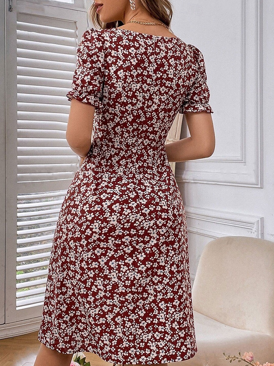 Damen Midikleid Corsagenkleider A Linie Kleid Milchmädchen-Kleid Kleid mit Puffärmeln Urlaub Urlaub Casual Täglich Regular Fit Blumen Graphic Kurzarm Quadratischer Ausschnitt Schwarz Burgunderrot 2025 - $23.99 –P3