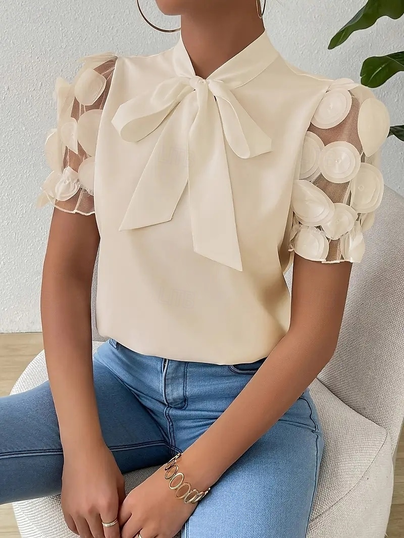 Blouse Women's Black White Red Solid / Plain Color Lace Bow Daily Elegant Standing Collar Regular Fit S 2025 - $17.49 –P3