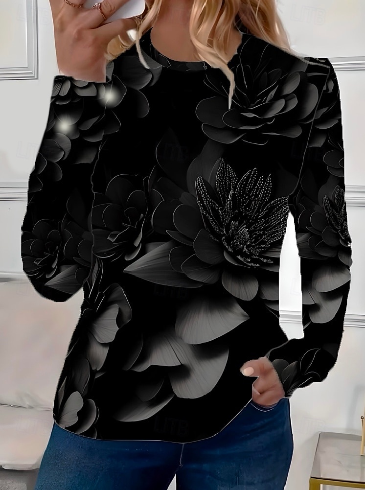 Dame T skjorte Blomstret Elegant Årgang Mote Langermet Crew-hals Vanlige topper Daglig Ut på byen Helg Trykt mønster Svart Sommer Vår 2025 - $22.99 –P1