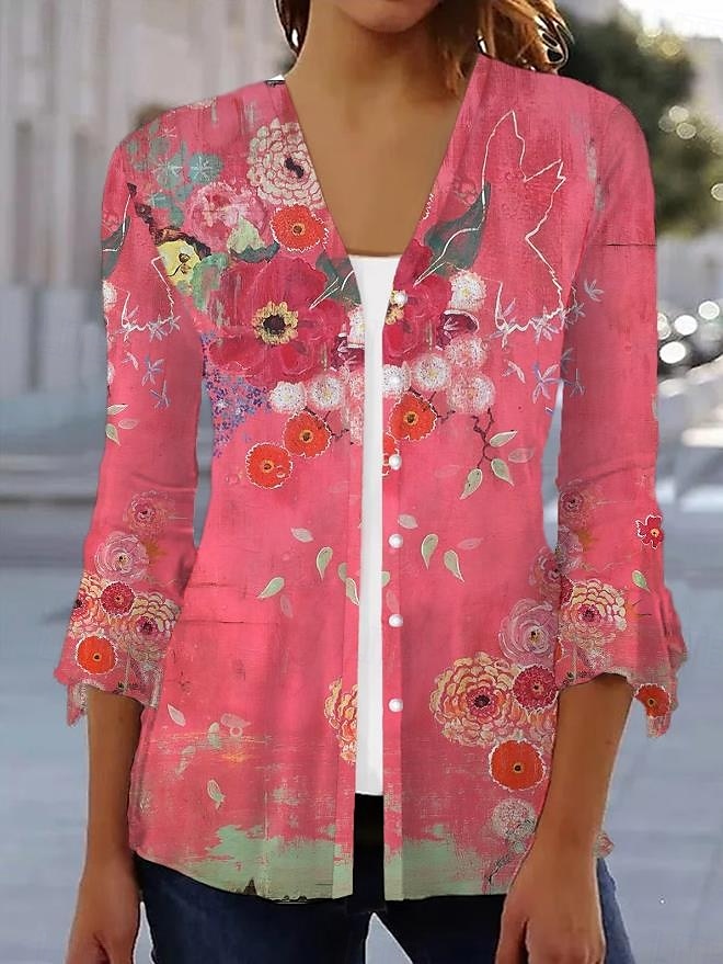 Camicia da donna floreale base a maniche 3/4 scollo quadrato top regolari per le vacanze in lino stampa rossa estate del 2025 a $31.99 –P1
