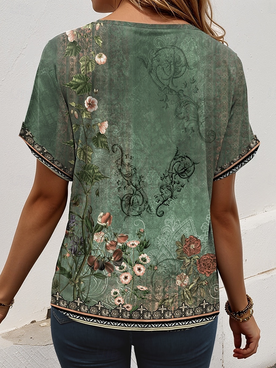 St. Patrick Women's T Shirt Ombre Floral Graphic Elegant Vintage Casual Short Sleeve V Neck Regular Tops Daily Weekend Vacation Wear Print Sage Green Summer 2025 - $19.99 –P2
