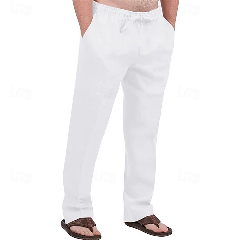 Men's Linen Pants Trousers Summer Pants Beach Pants Pocket Drawstring Elastic Waist Plain Comfort Breathable Vacation Daily Holiday Hawaiian Boho ArmyGreen Black 2025 - $20.99 –P7